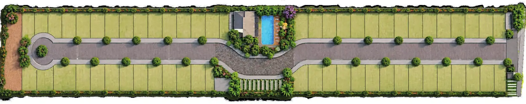 Masterplan ilustrado de Rinconada Provenza con casa club, alberca y áreas verdes